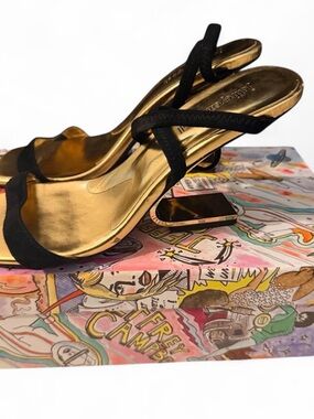 Gold Metallic Slingback Sandals with Black Straps - Women